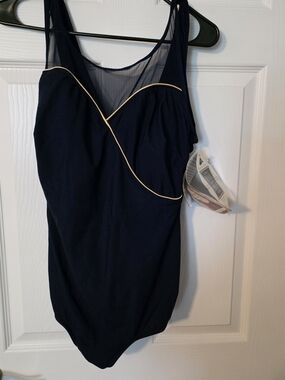 Navy One-Piece Swimsuit with Gold Trim